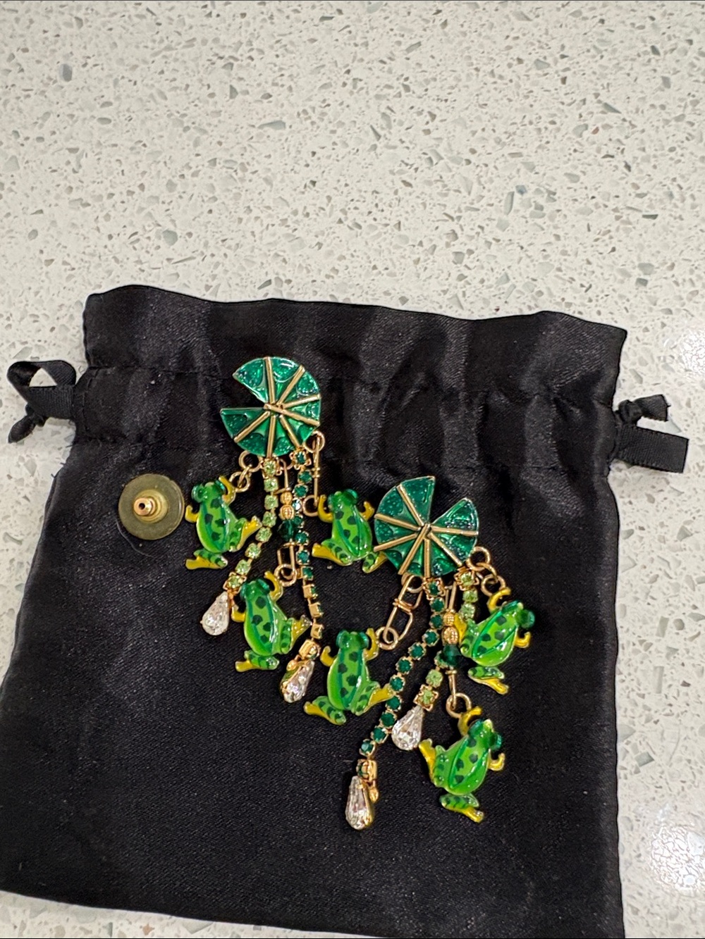 Playful Green Frog Dangle Earrings with Gold Accents